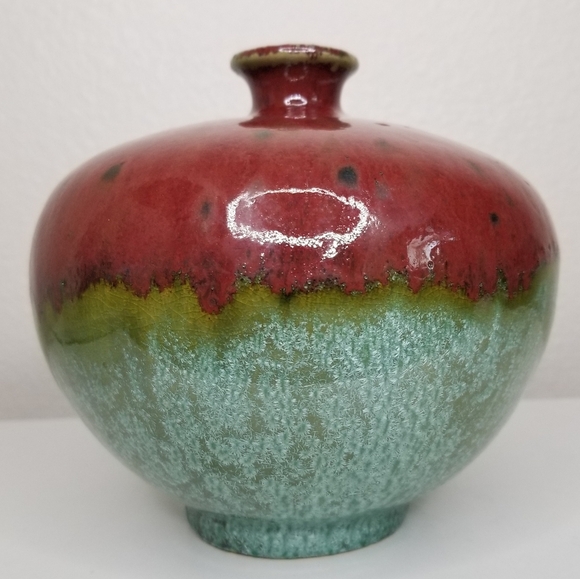 Stoneware Pottery Vase Drip Glaze on Multicolor Maroon Green Teal 6" - Picture 3 of 11